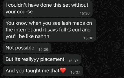 Screenshot of a student's message to Rachel about placement and lash maps