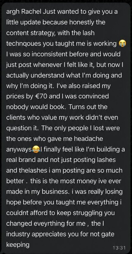 Screenshot of a student's message to Rachel about raising her prices